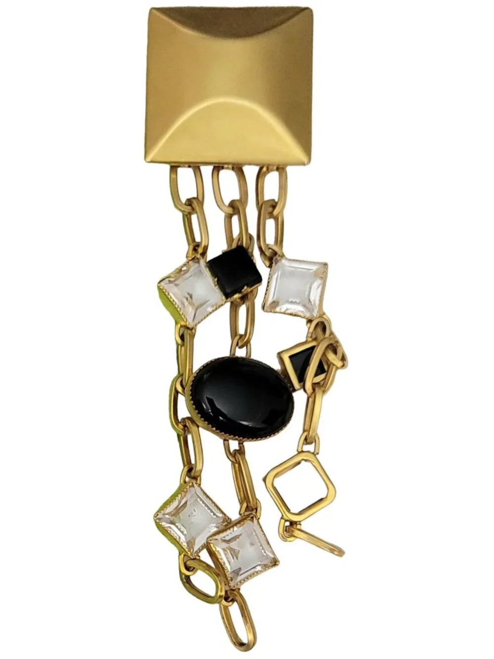 Gold Tone Square Bar With Clear, Black Rhinestone, Chain Dangles Brooch